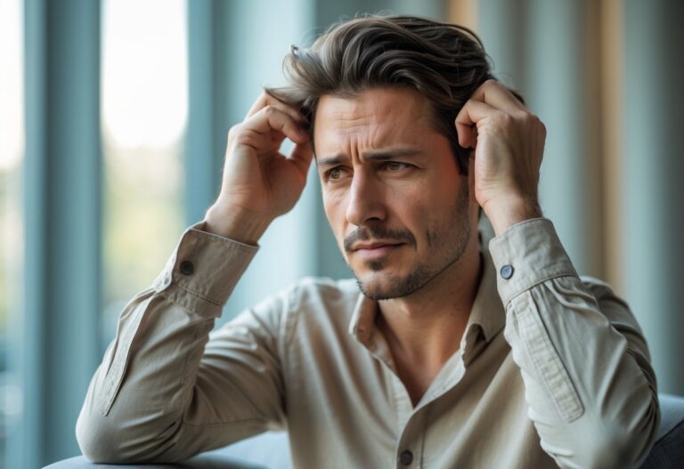 Homem puxando o cabelo com expressão pensativa e levemente estressada em ambiente interno.