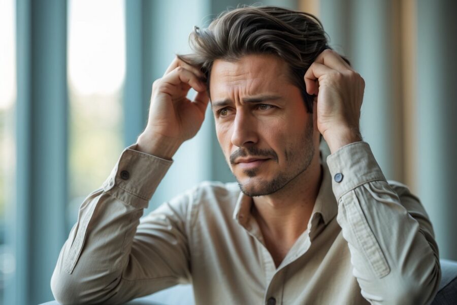 Homem puxando o cabelo com expressão pensativa e levemente estressada em ambiente interno.