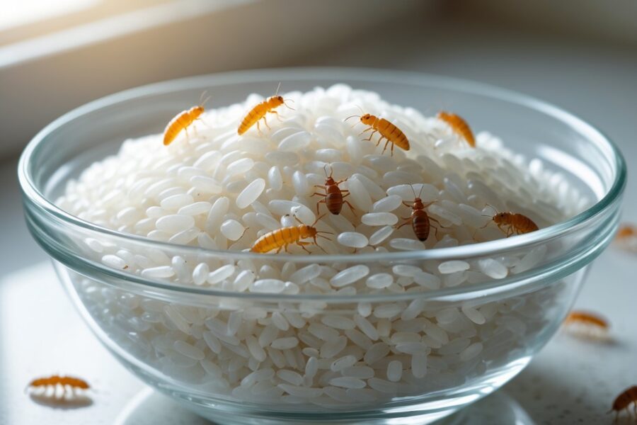 Tigela de vidro transparente com arroz branco e larvas visíveis entre os grãos sobre uma bancada de cozinha.
