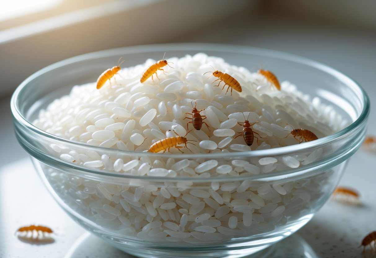 Tigela de vidro transparente com arroz branco e larvas visíveis entre os grãos sobre uma bancada de cozinha.