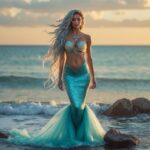 Mulher em pé na beira do mar ao pôr do sol, com cabelo longo e adornos de conchas, vestindo um vestido fluido azul-turquesa, cercada por ondas suaves e rochas.