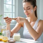 Mulher aplicando tratamento caseiro nas axilas em banheiro iluminado, com ingredientes naturais ao lado.