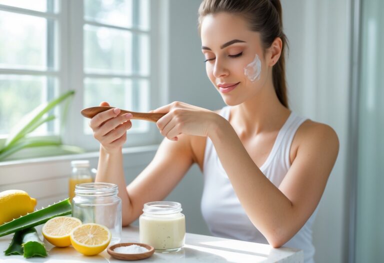 Mulher aplicando tratamento caseiro nas axilas em banheiro iluminado, com ingredientes naturais ao lado.