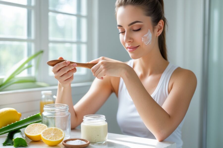 Mulher aplicando tratamento caseiro nas axilas em banheiro iluminado, com ingredientes naturais ao lado.