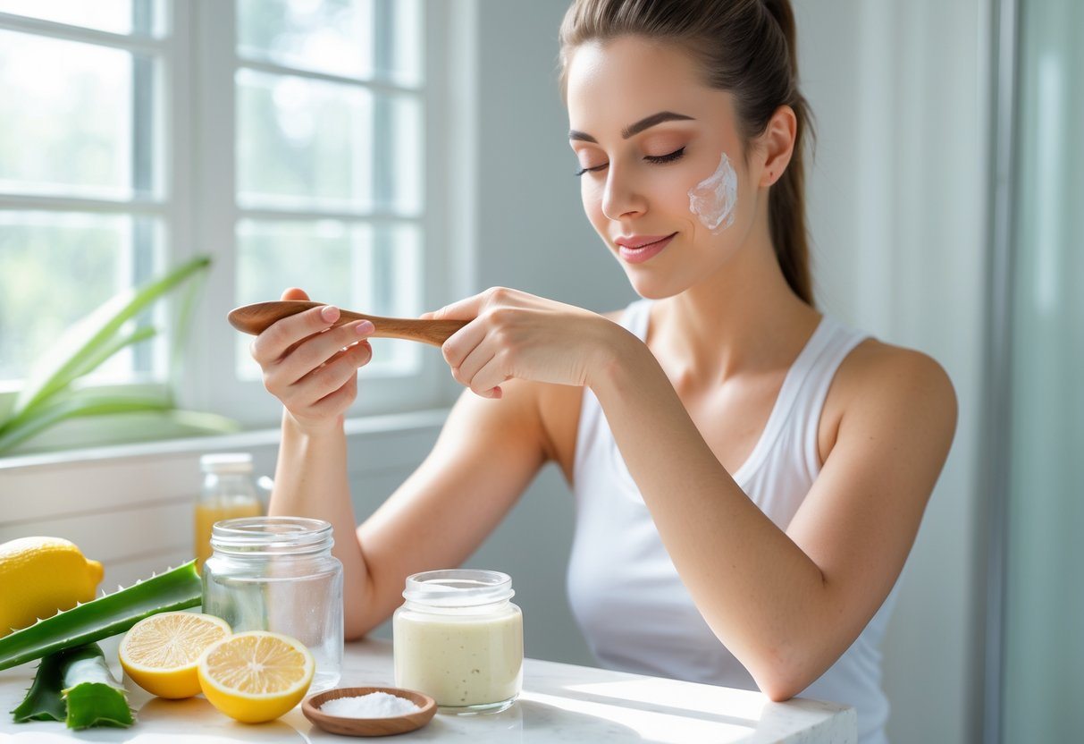 Mulher aplicando tratamento caseiro nas axilas em banheiro iluminado, com ingredientes naturais ao lado.