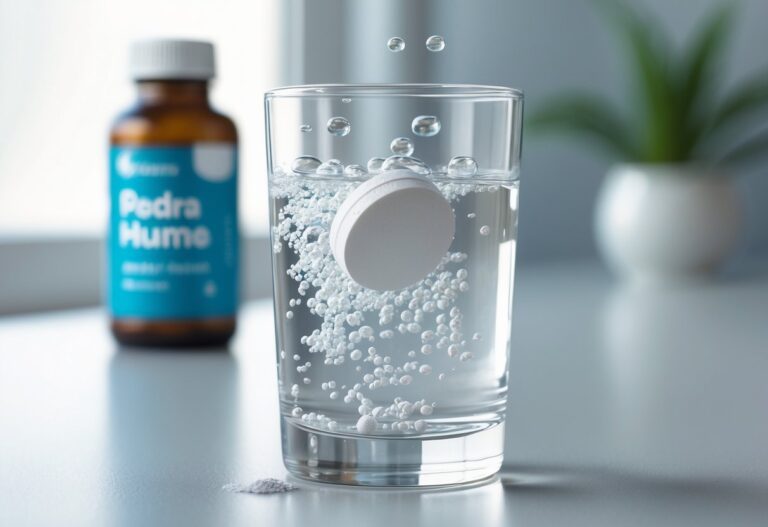 Um copo de vidro transparente com um comprimido efervescente branco se dissolvendo na água, com bolhas visíveis, sobre uma superfície branca limpa.
