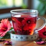 Uma xícara de chá de hibisco com flores frescas e pétalas secas ao lado, e uma fita métrica ao redor da xícara sobre uma mesa de madeira.