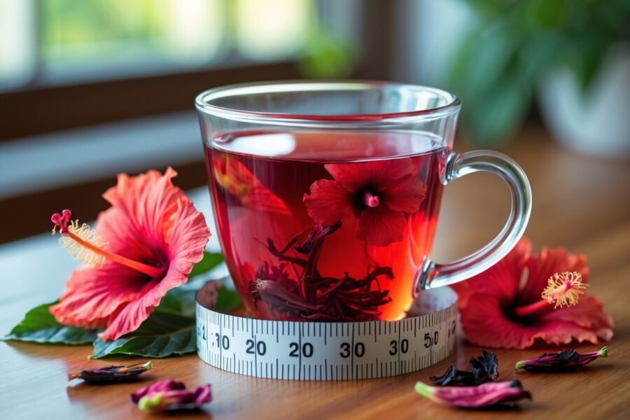 Uma xícara de chá de hibisco com flores frescas e pétalas secas ao lado, e uma fita métrica ao redor da xícara sobre uma mesa de madeira.