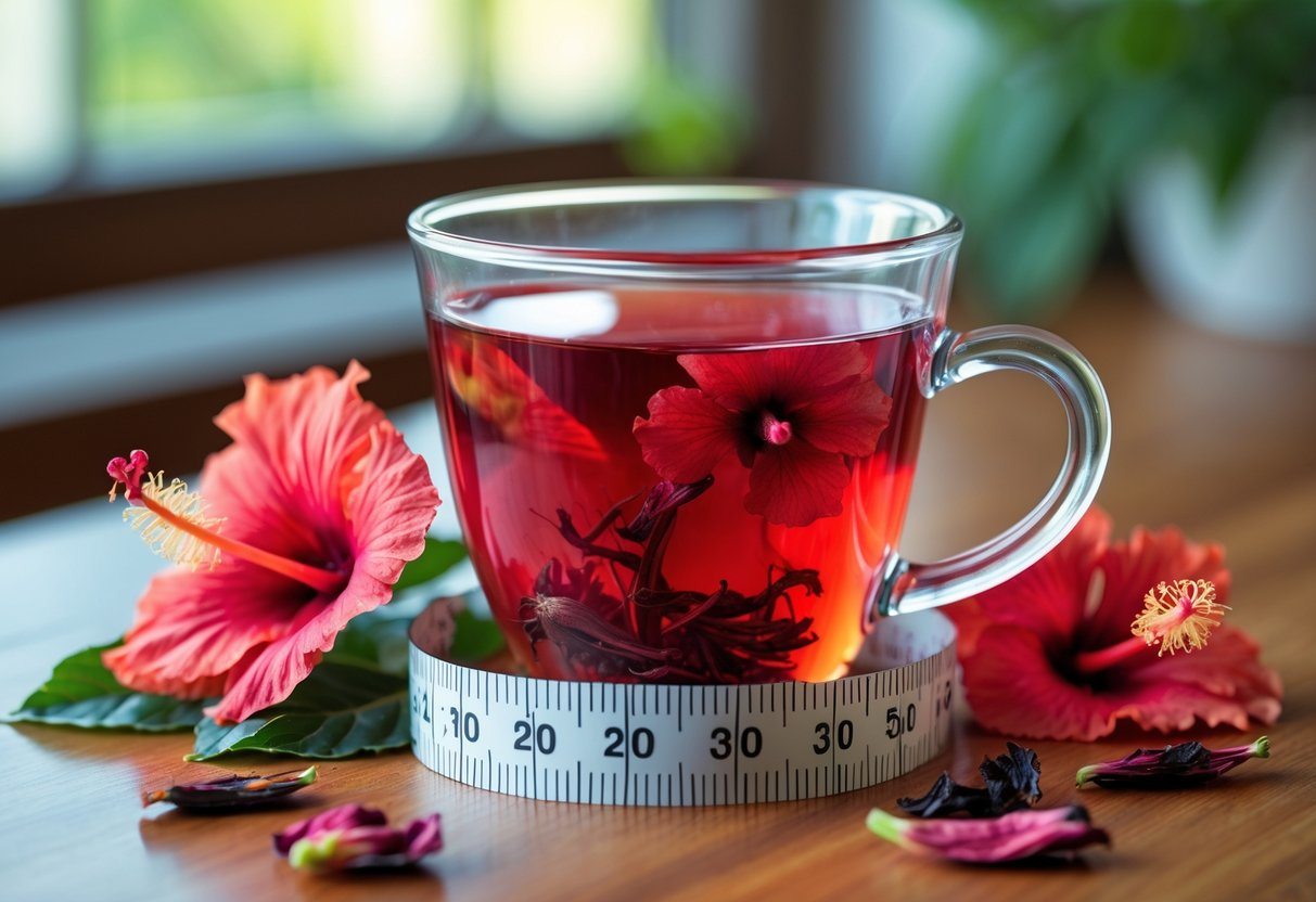 Uma xícara de chá de hibisco com flores frescas e pétalas secas ao lado, e uma fita métrica ao redor da xícara sobre uma mesa de madeira.