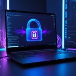 Computador gamer moderno com ícone digital de cadeado indicando segurança, em ambiente tecnológico escuro.