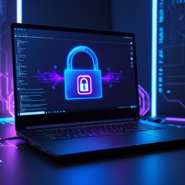 Computador gamer moderno com ícone digital de cadeado indicando segurança, em ambiente tecnológico escuro.