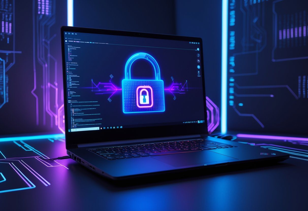 Computador gamer moderno com ícone digital de cadeado indicando segurança, em ambiente tecnológico escuro.