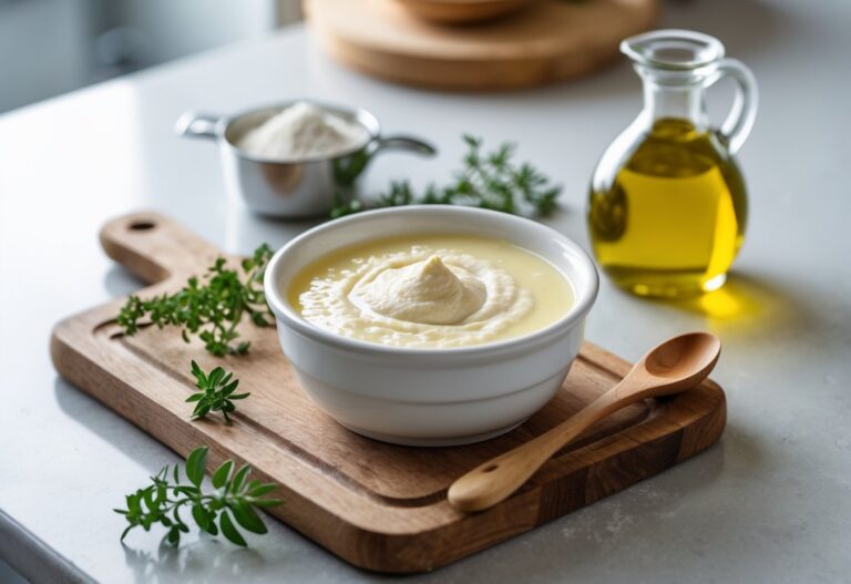 Tigela com mistura de farinha e azeite sobre bancada de cozinha, com colher de madeira e ingredientes ao redor.