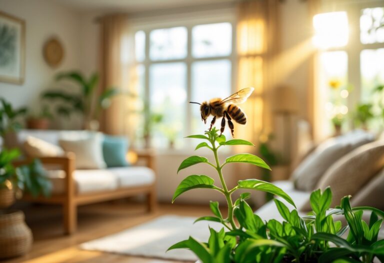 Uma abelha pousada em uma planta dentro de uma sala de estar iluminada e aconchegante.