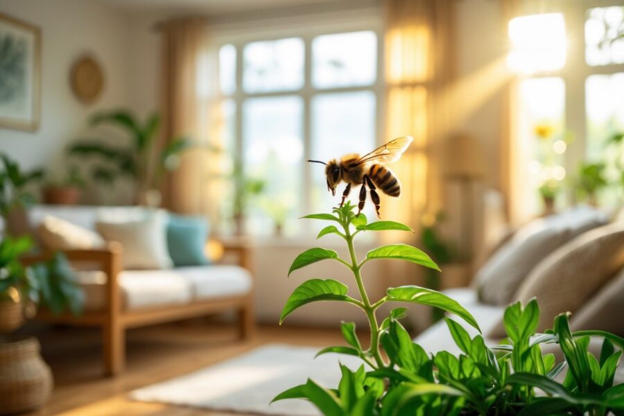 Uma abelha pousada em uma planta dentro de uma sala de estar iluminada e aconchegante.