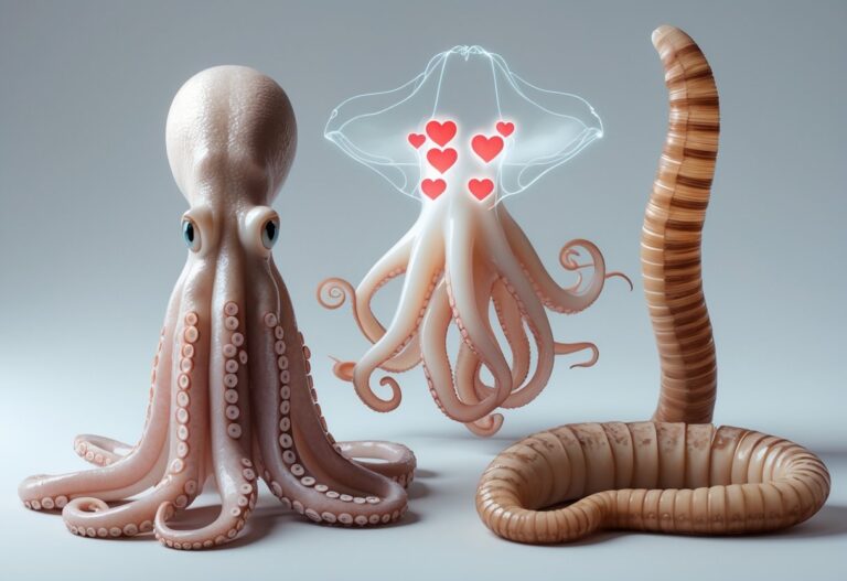 Imagem mostrando um polvo, uma lula e uma minhoca, animais que possuem mais de um coração, em um fundo neutro.