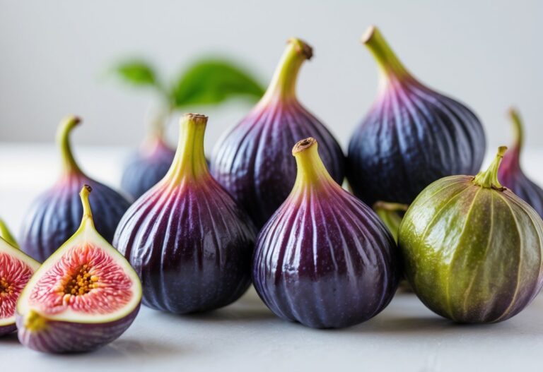 Fruta fresca e vibrante começando com a letra V sobre uma superfície branca, destacando suas cores e texturas.