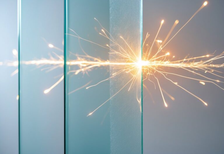 Close-up de um vidro transparente com faíscas elétricas visíveis passando por ele.