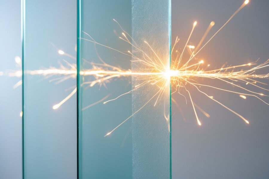 Close-up de um vidro transparente com faíscas elétricas visíveis passando por ele.