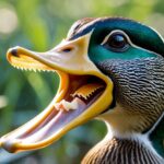 Close-up de um pato com o bico aberto mostrando as estruturas semelhantes a dentes dentro do bico.
