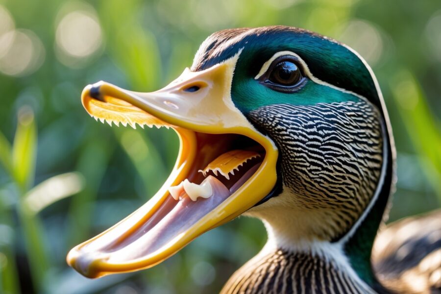 Close-up de um pato com o bico aberto mostrando as estruturas semelhantes a dentes dentro do bico.