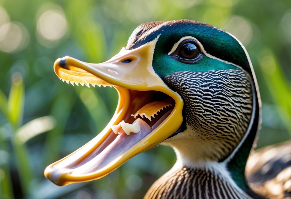 Close-up de um pato com o bico aberto mostrando as estruturas semelhantes a dentes dentro do bico.