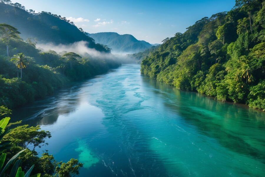 Rio largo e profundo cercado por floresta tropical densa e montanhas ao fundo.