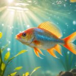Peixe tilápia colorido nadando em água clara com plantas aquáticas ao redor.
