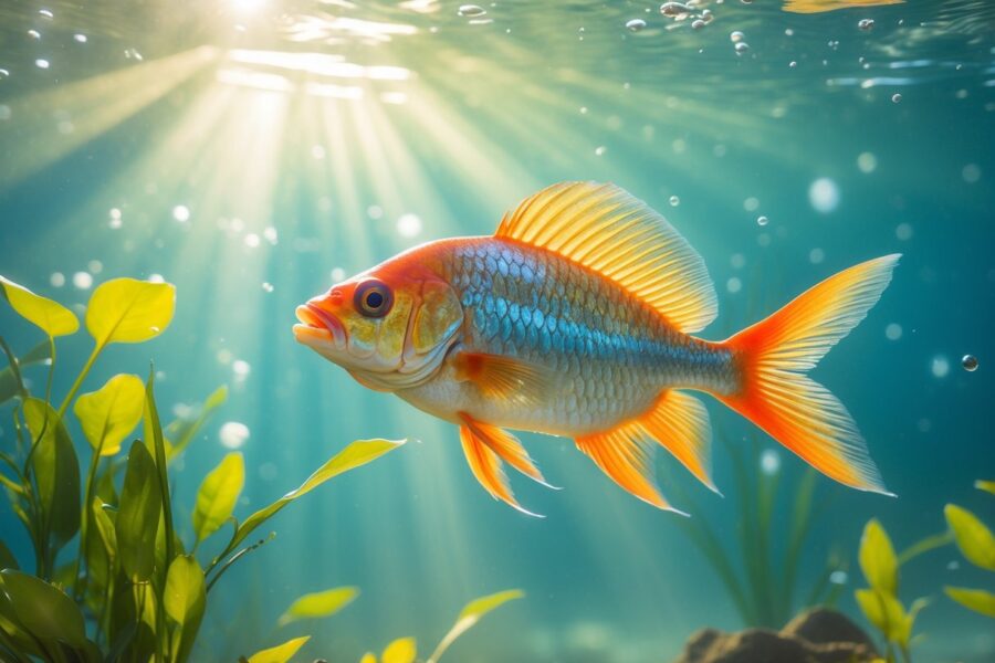 Peixe tilápia colorido nadando em água clara com plantas aquáticas ao redor.