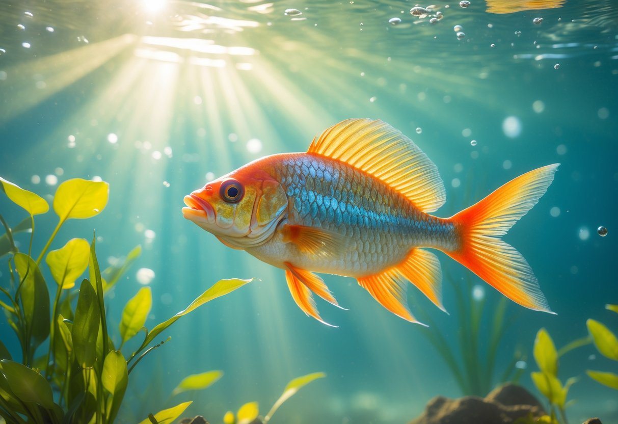 Peixe tilápia colorido nadando em água clara com plantas aquáticas ao redor.