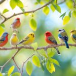 Vários passarinhos coloridos empoleirados em galhos de árvores com folhagem verde ao fundo.
