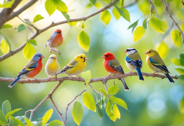 Vários passarinhos coloridos empoleirados em galhos de árvores com folhagem verde ao fundo.