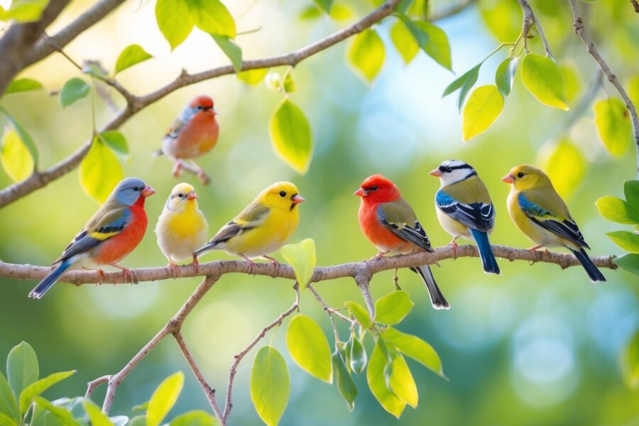 Vários passarinhos coloridos empoleirados em galhos de árvores com folhagem verde ao fundo.