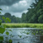 Cena ao ar livre com chuva leve e esparsa caindo sobre folhas verdes e água calma, com céu nublado ao fundo.