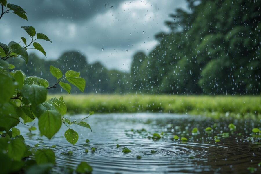Cena ao ar livre com chuva leve e esparsa caindo sobre folhas verdes e água calma, com céu nublado ao fundo.
