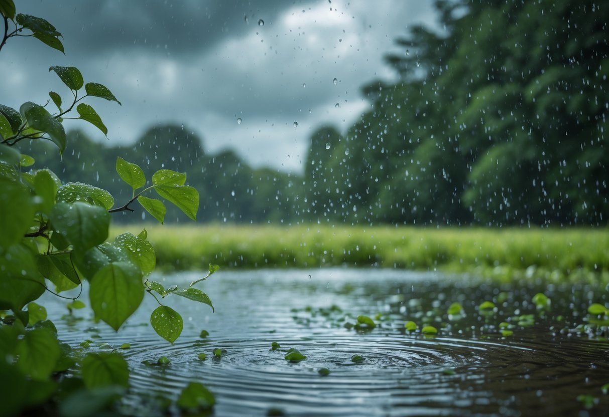 Cena ao ar livre com chuva leve e esparsa caindo sobre folhas verdes e água calma, com céu nublado ao fundo.