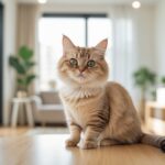 Um gato munchkin sentado em uma mesa de madeira em uma sala de estar moderna e iluminada.