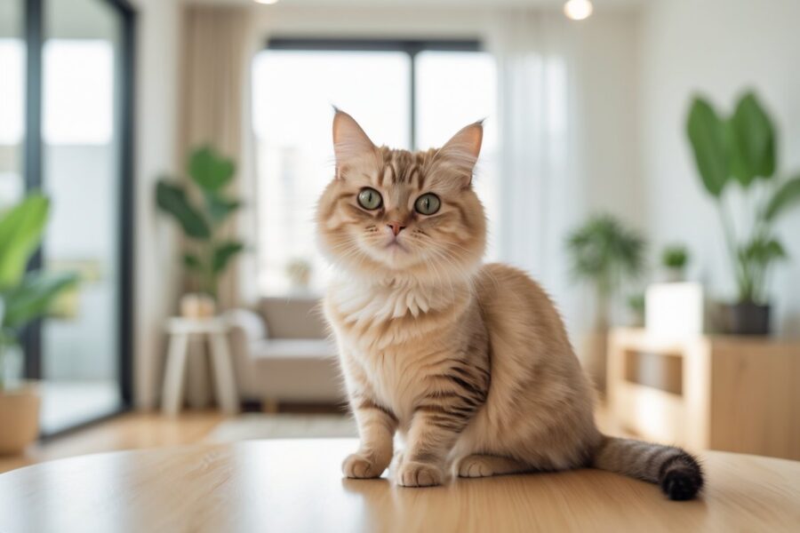 Um gato munchkin sentado em uma mesa de madeira em uma sala de estar moderna e iluminada.