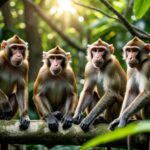 Grupo de diferentes espécies de macacos em uma floresta tropical, mostrando variedade de tamanhos e cores.