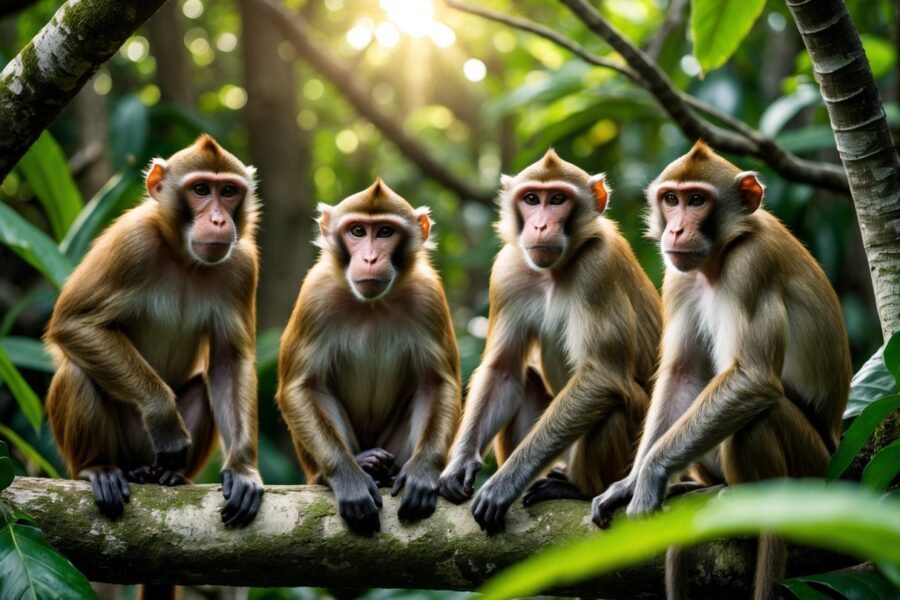 Grupo de diferentes espécies de macacos em uma floresta tropical, mostrando variedade de tamanhos e cores.