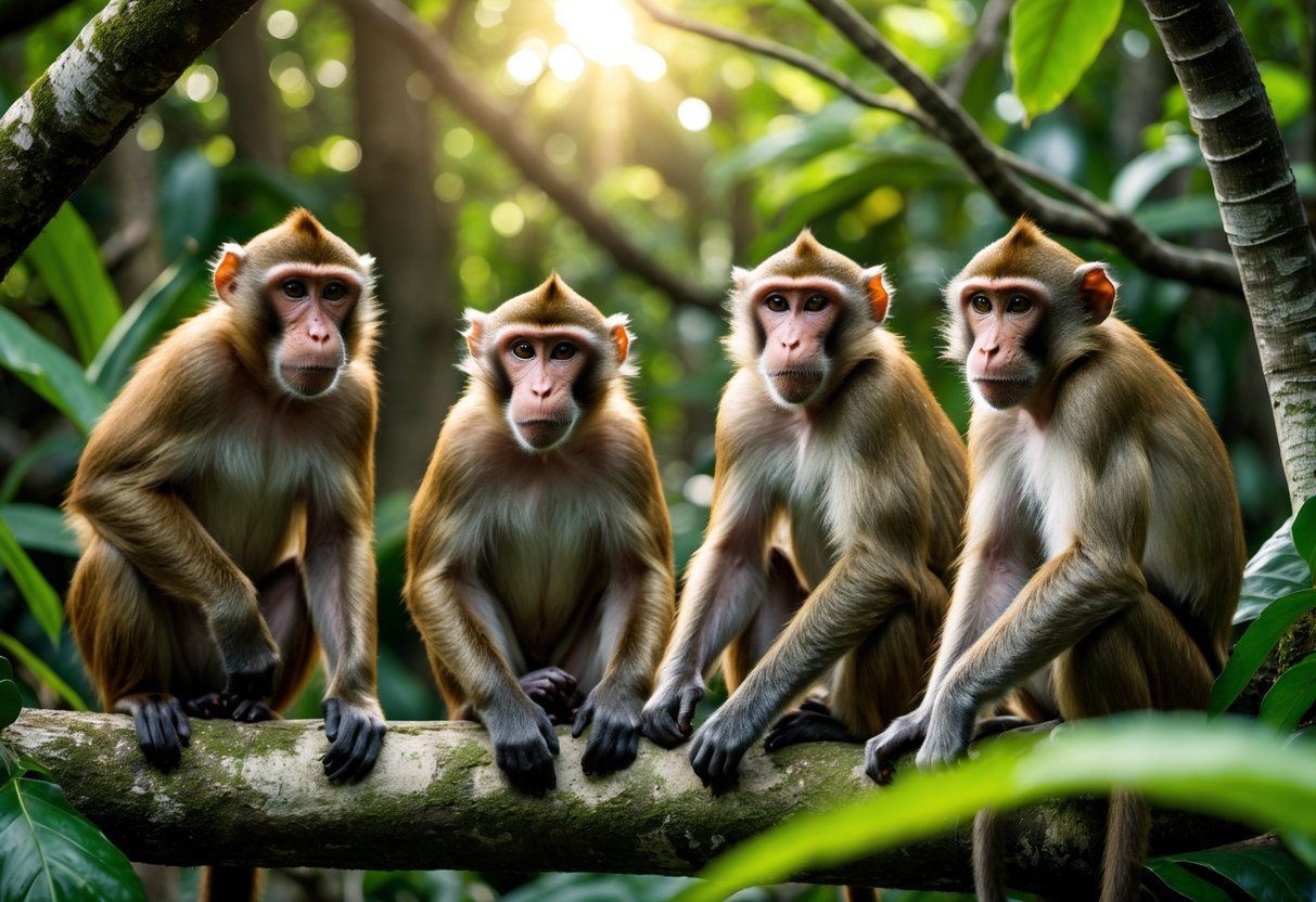 Grupo de diferentes espécies de macacos em uma floresta tropical, mostrando variedade de tamanhos e cores.