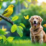 Vários animais amarelos em um ambiente natural, incluindo um canário amarelo, uma borboleta amarela, um cachorro golden retriever e um peixe tropical amarelo.