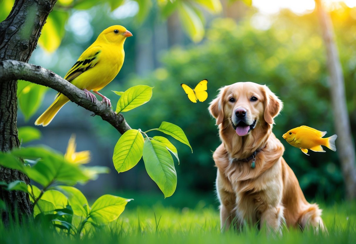 Vários animais amarelos em um ambiente natural, incluindo um canário amarelo, uma borboleta amarela, um cachorro golden retriever e um peixe tropical amarelo.