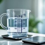 Copo medidor transparente com um litro de água sobre uma balança digital que mostra o peso, em superfície branca.