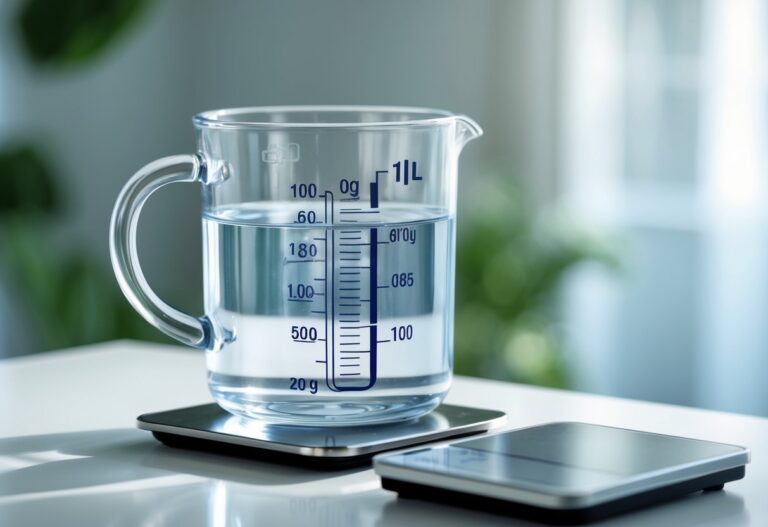 Copo medidor transparente com um litro de água sobre uma balança digital que mostra o peso, em superfície branca.