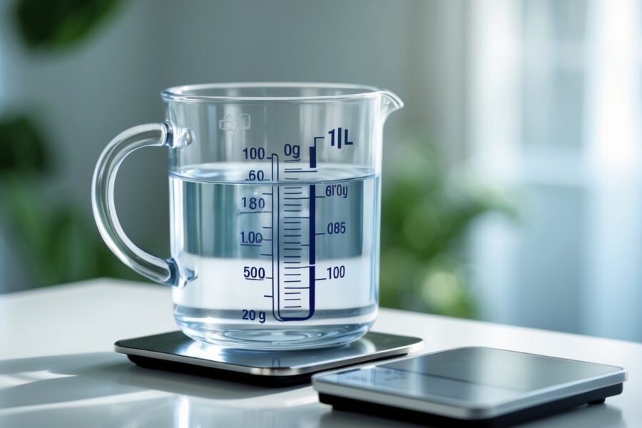 Copo medidor transparente com um litro de água sobre uma balança digital que mostra o peso, em superfície branca.