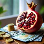 Romã aberta sobre uma mesa de madeira com notas de dinheiro e moedas ao redor, em um ambiente interno iluminado naturalmente.