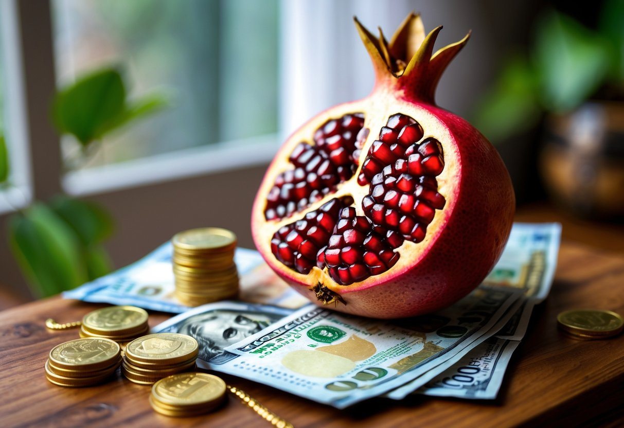 Romã aberta sobre uma mesa de madeira com notas de dinheiro e moedas ao redor, em um ambiente interno iluminado naturalmente.
