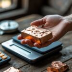 Mão segurando pedaços de bronze sobre uma mesa com balança digital e calculadora ao fundo.