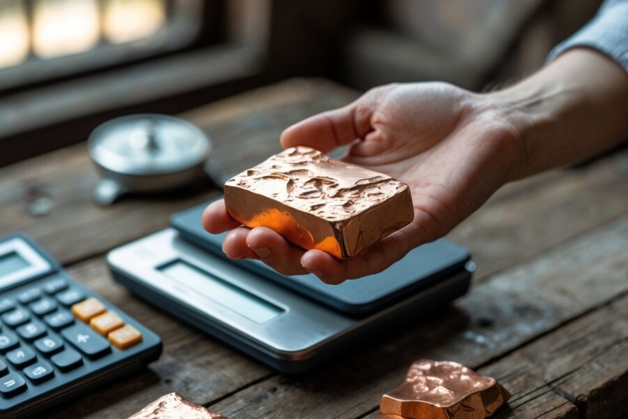 Mão segurando pedaços de bronze sobre uma mesa com balança digital e calculadora ao fundo.